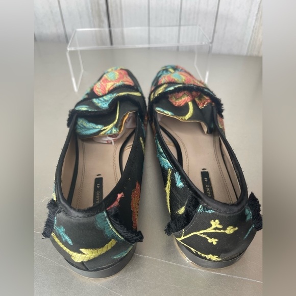 ZARA BASIC Black Orange Green Blue Floral Brocade fabric Fringe Loafers 41 - Picture 5 of 8